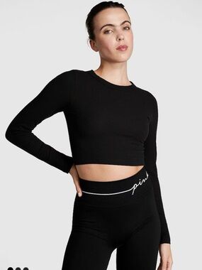 PINK Victoria's Secret Black Ribbed Long-Sleeve Crop Tee SZ XXL